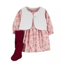 Floral Pink Baby Dress With White Vest & Burgundy Tights - 9M